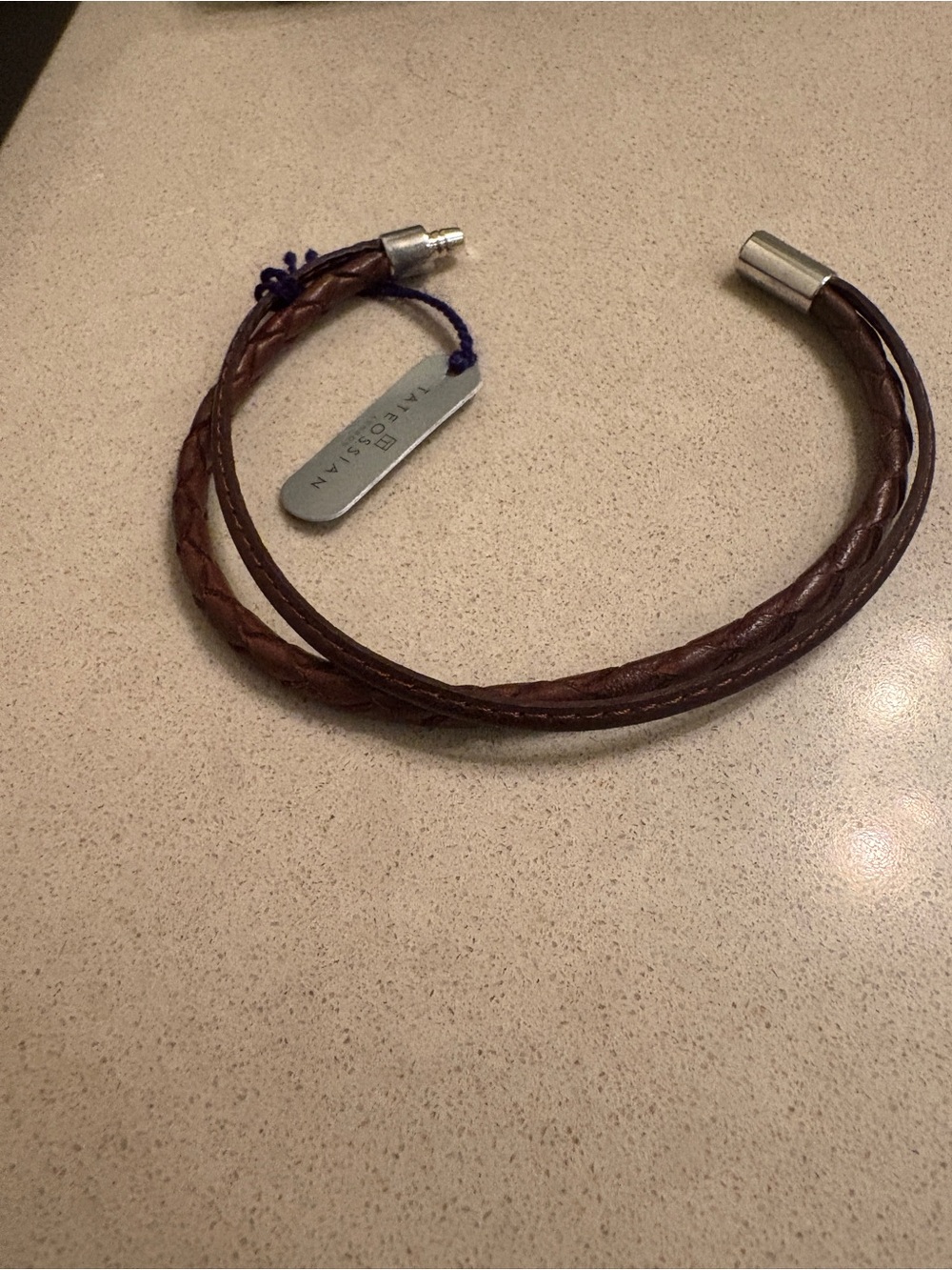 Tateossian Brown Braided Leather Double-Strand Cuff with Silver Ends